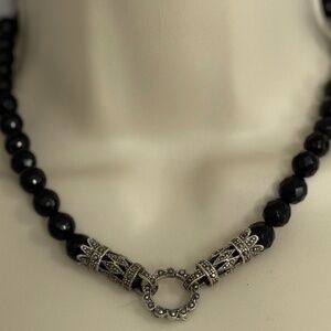 Vintage Black Onyx & Sterling Silver Marcasite Clasp Bail Necklace 8.5" Long